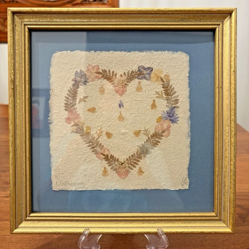 Vintage Pressed Wildflowers Heart Shaped Framed Art Pink Pastel Decor 1999 10x10